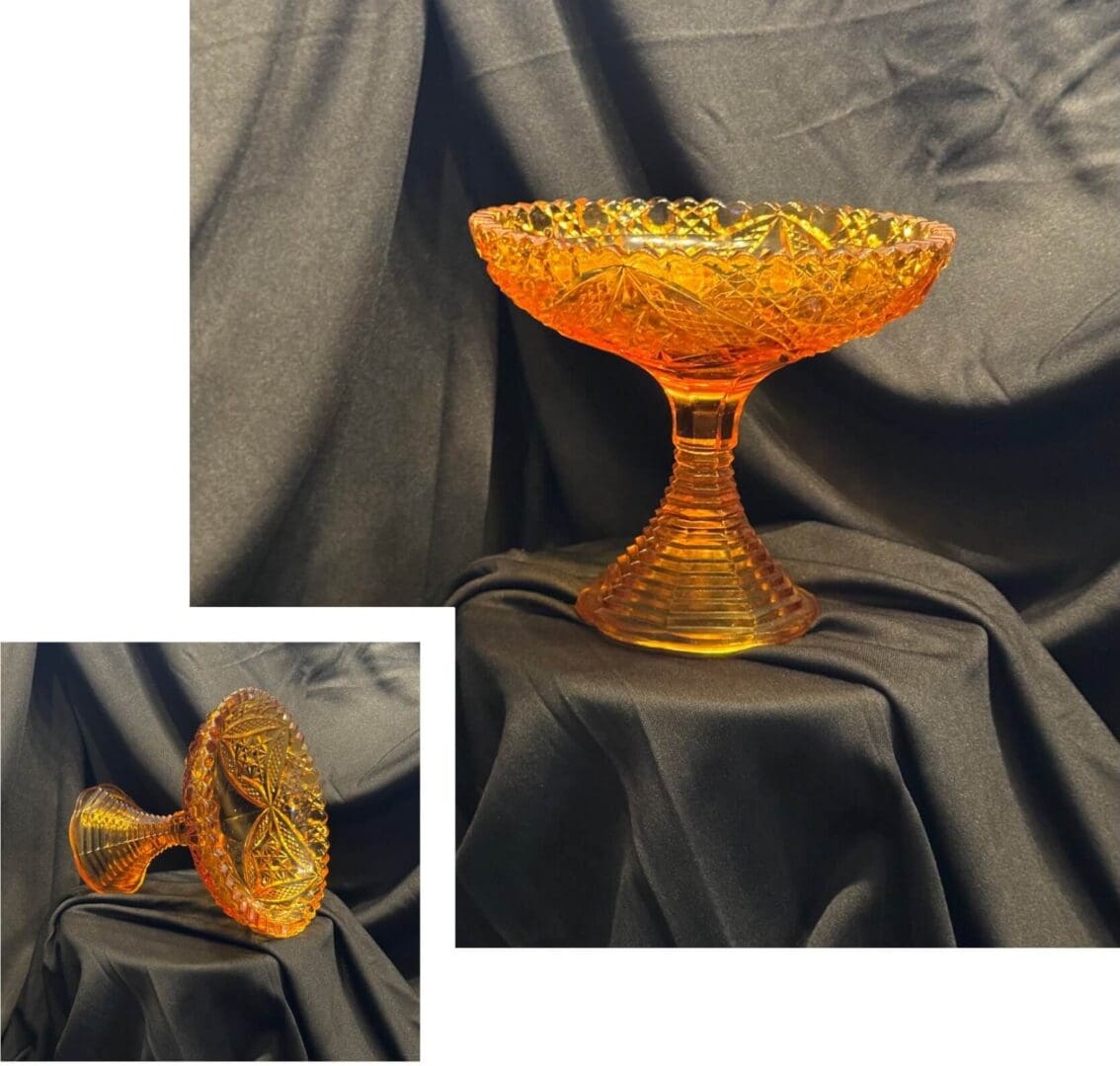 A glass bowl with a yellow design on it.