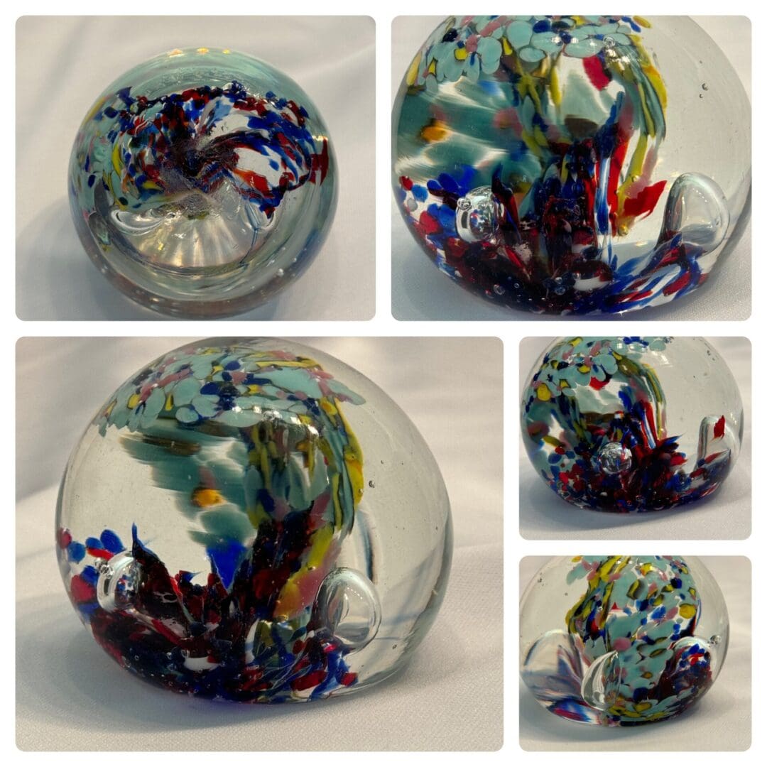 A collage of pictures showing different views of a glass ball.