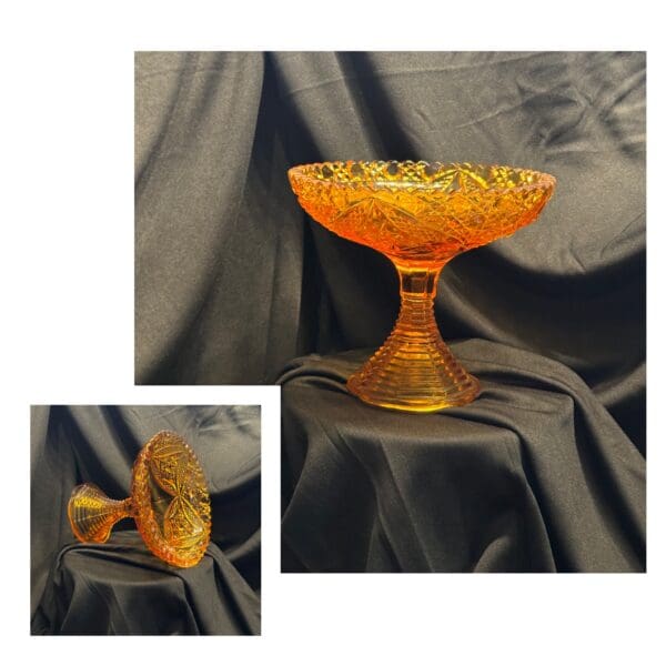 A glass bowl with a yellow design on it.