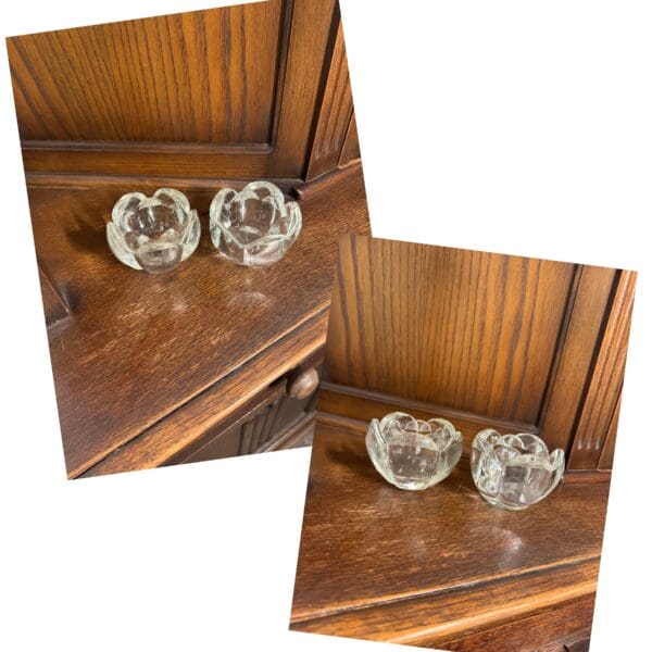 Two glass bowls sitting on top of a wooden table.