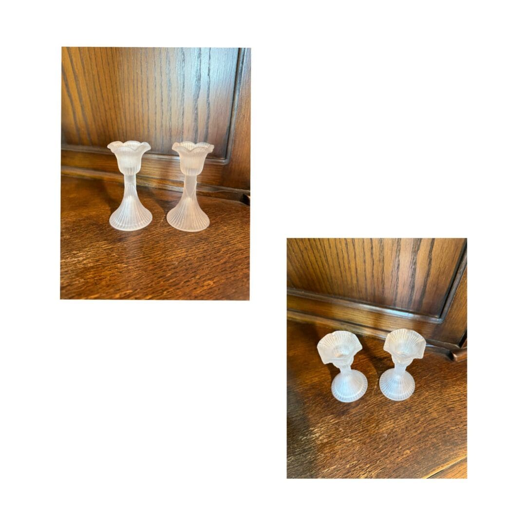 Two pictures of a vase and candle holders.