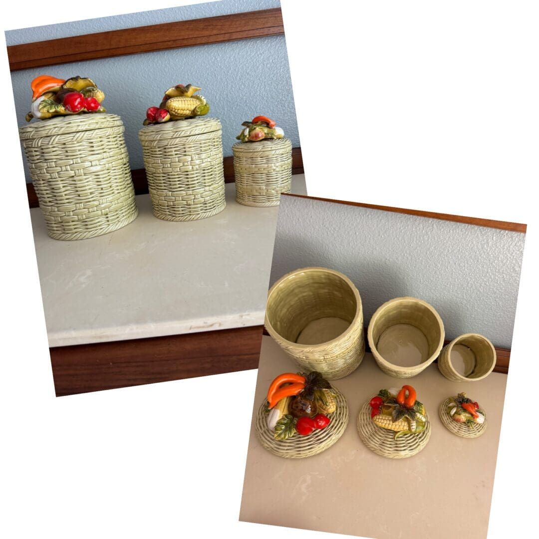 A collage of pictures with two different jars and bowls.