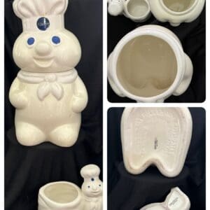 A collage of photos with a ceramic bunny