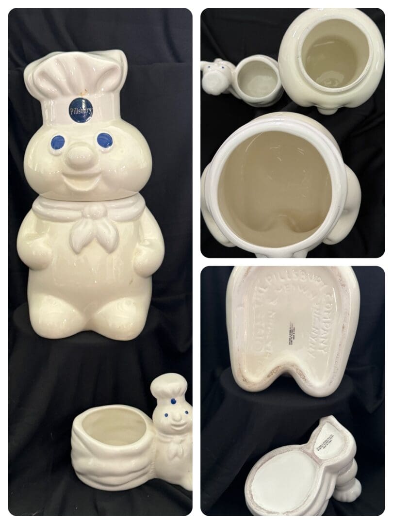 A collage of photos with a ceramic bunny