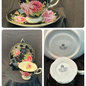 A collage of photos with tea cups and saucers.