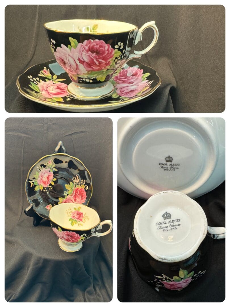 A collage of photos with tea cups and saucers.