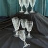 Nine crystal goblets arranged on black fabric.